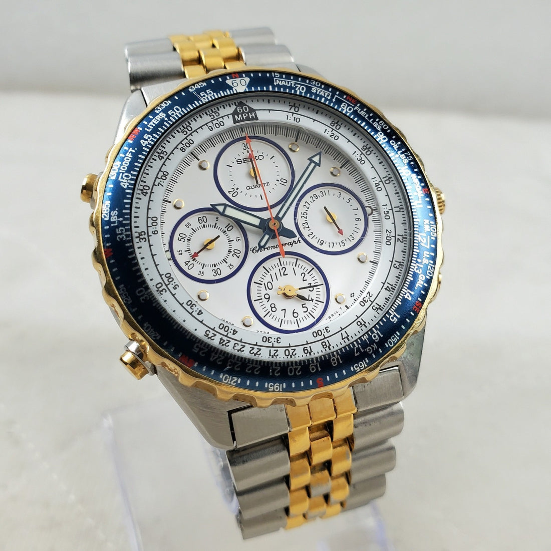 Seiko Flightmaster 7T34-6A09 Pilot Alarm Chronograph White WR 150M Men's Watch — Pre-Owned