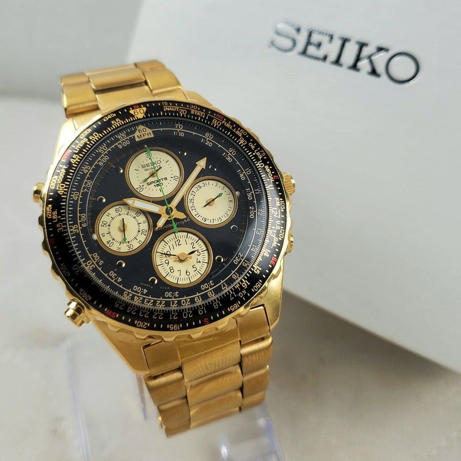 Seiko Flightmaster 7T34-6A00 Quartz Chronograph Gold/black Men's Watch — Pre-Owned