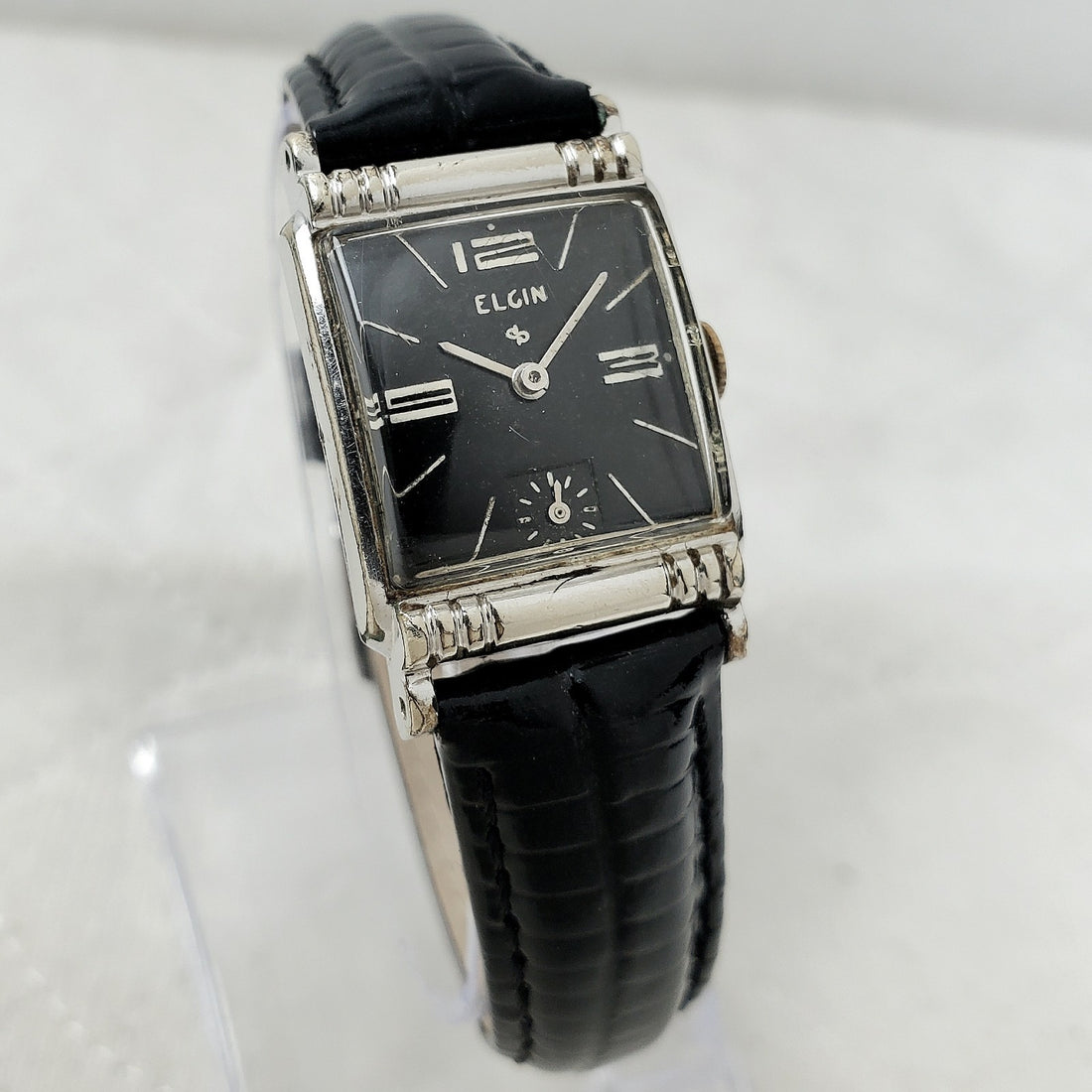 Elgin Tank Black Mechanical Handwind 10K R.G.P Bezel 21MM Watch — Pre-Owned