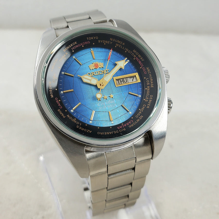 Orient World Time Crystal Automatic Day/date Blue Men's Watch — Pre-Owned, photo 1