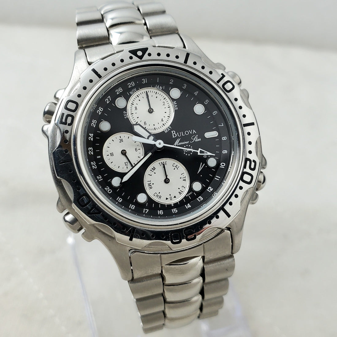 Bulova Marine Star 100M 96B01 Chronograph Alarm Black 24-HOUR Men's Watch — Pre-Owned