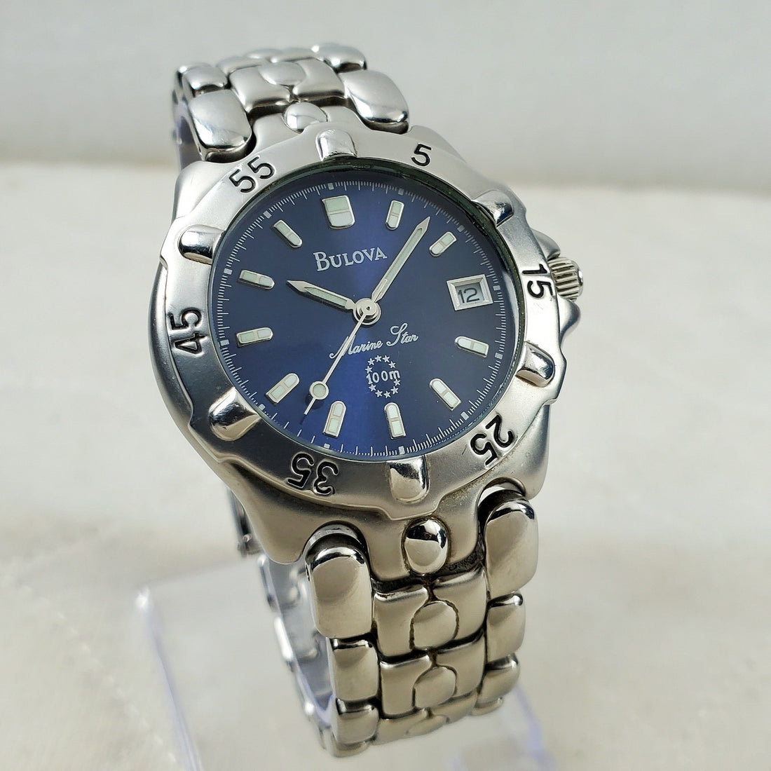 Bulova Marine Star 100M 96B07 Blue Sunburst Japan Mov't Date Quartz 35MM Watch — Pre-Owned, photo 1