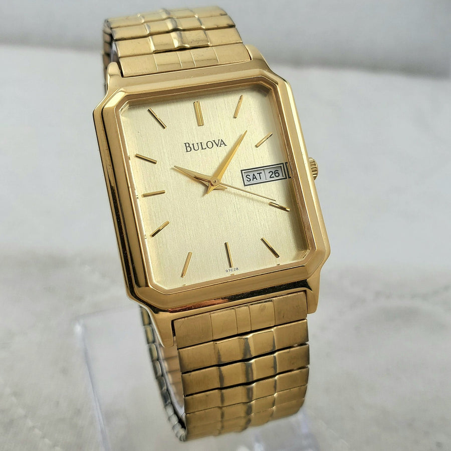 Bulova 97C28 Tank Gold Tone Day/date Quartz Classic Japan Mov't 29MM Men's Watch — Pre-Owned