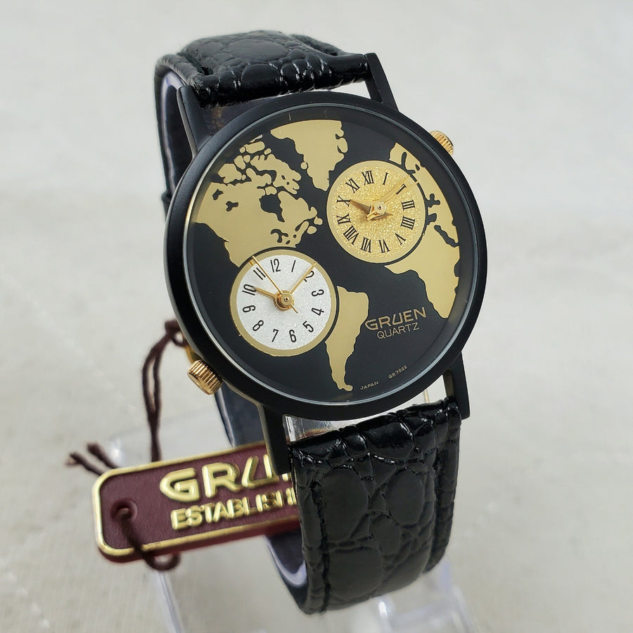 Gruen Dual Time Zone World MAP Quartz Black/gold Japan Men's Watch — Pre-Owned, photo 1
