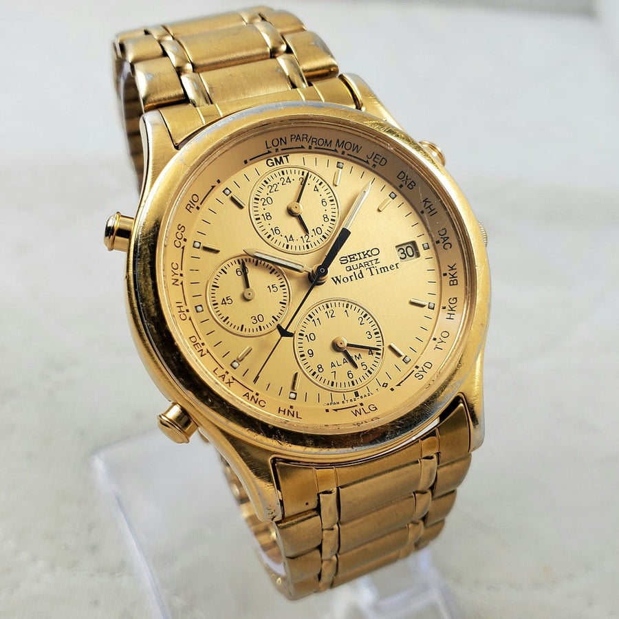 Seiko World Time Quartz 5T52-6A28 Gold Tone GMT Alarm Men's Watch — Pre-Owned