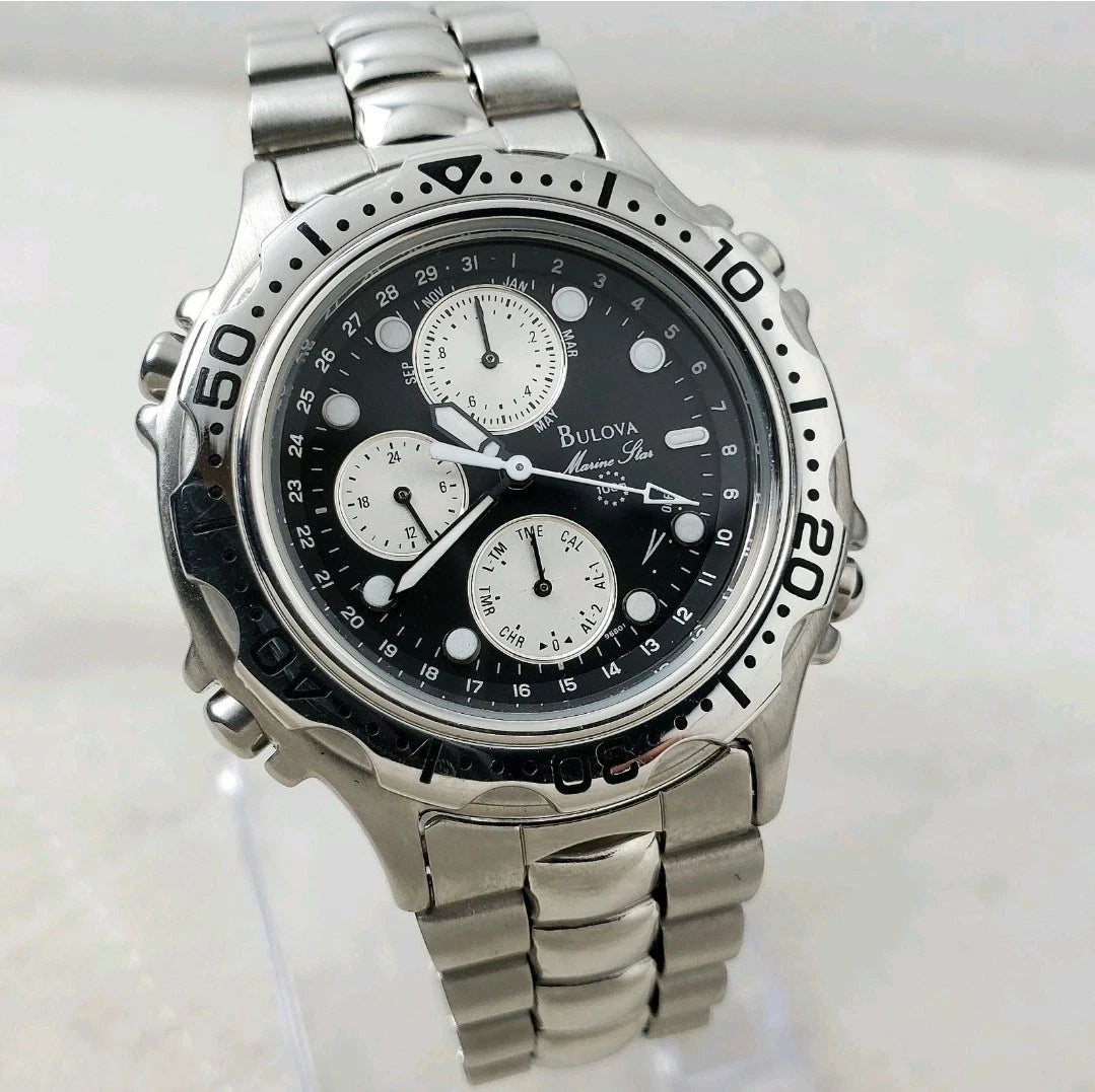 Bulova Marine Star 100M 96B01 Chronograph Alarm Black 24-HOUR Men's Watch — Pre-Owned