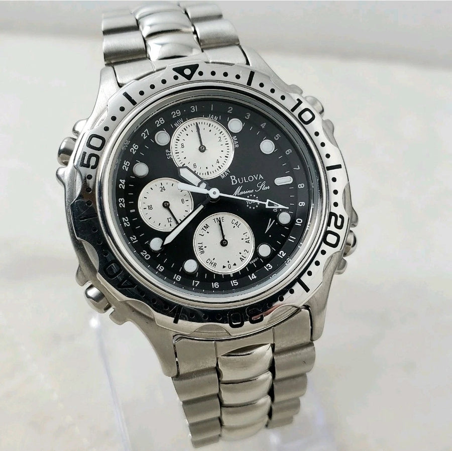 Bulova Marine Star 100M 96B01 Chronograph Alarm Black 24-HOUR Men's Watch — Pre-Owned