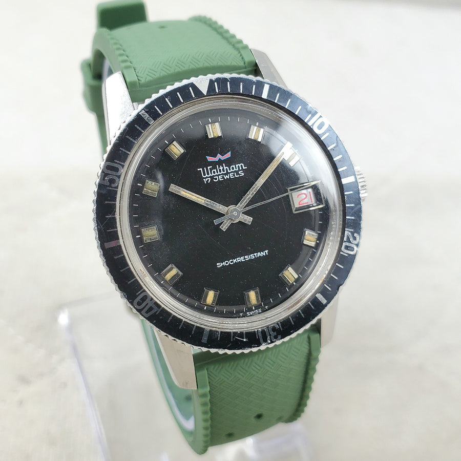 Waltham Skin Diver 17 Jewels Glossy Black Swiss Handwind Mens Watch — Pre-Owned, photo 1