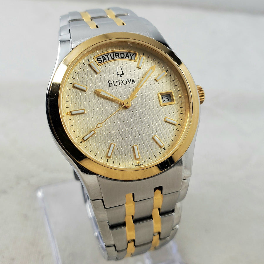 Bulova 98C60 Quartz Two-tone Day/date Textured Classic 36MM Men's Watch — Pre-Owned
