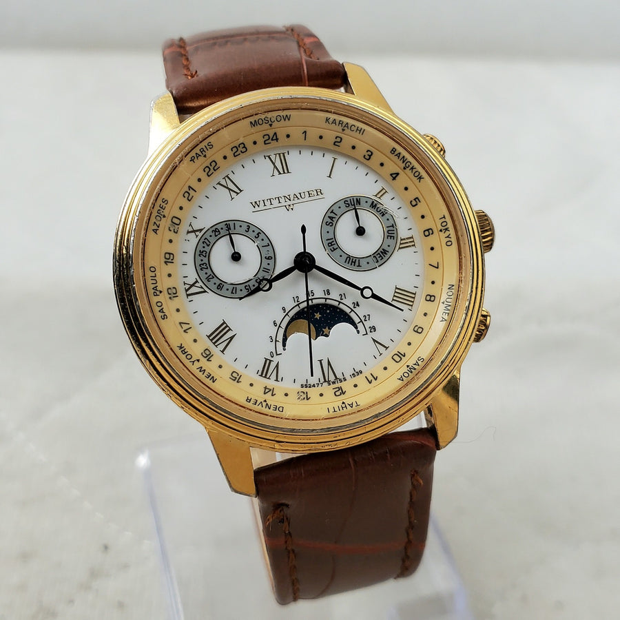 Wittnauer SS2477 Swiss 1539 World Time Moon Phase Day/date Watch — Pre-Owned