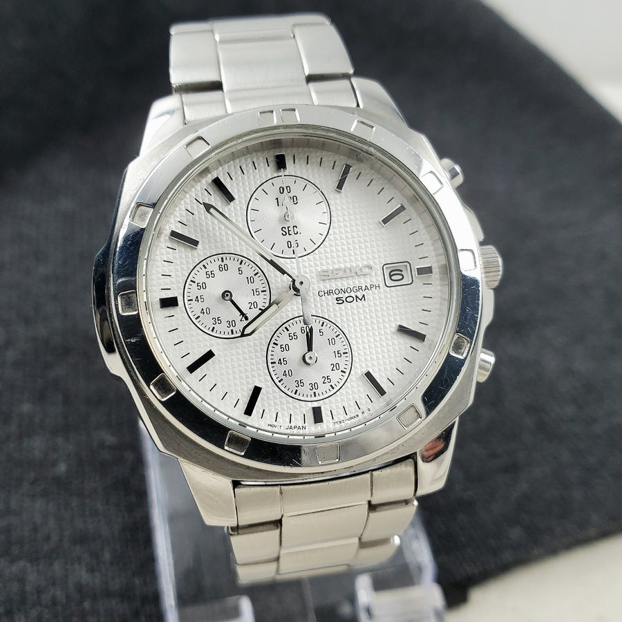 Seiko Chronograph 7T92-0CA0 Quartz Japan Mov't WR 50M White/slver Men's Watch — Pre-Owned