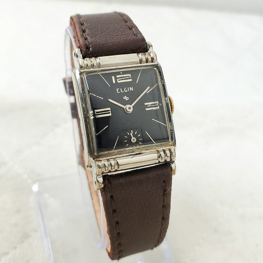 Elgin Tank Black Mechanical Handwind 10K R.G.P Bezel 21MM Watch — Pre-Owned