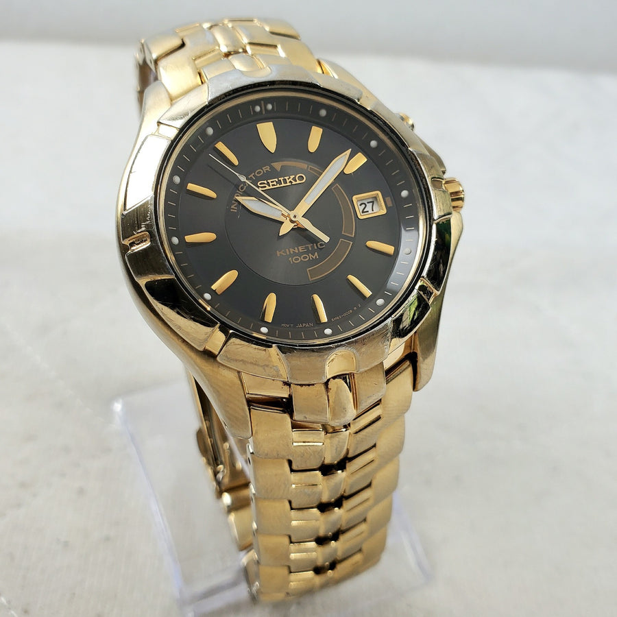 Seiko Kinetic 5M62-0BT0 Gold/brown 100M Date Japan Mov't 21MM Men's Watch — Pre-Owned