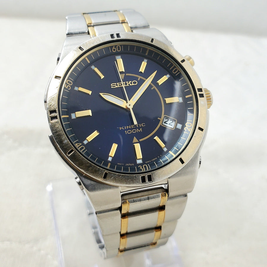 Seiko Kinetic 5M62-0BJ0 Japan Mov't Date WR 100M Two-tone/blue 38MM Men's Watch — Pre-Owned