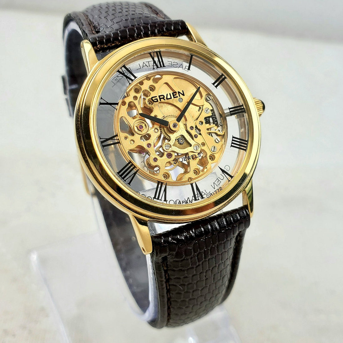 Gruen Skeleton Japan GR1772 Mechanical Handwind Roman 33MM Men's Watch — Pre-Owned