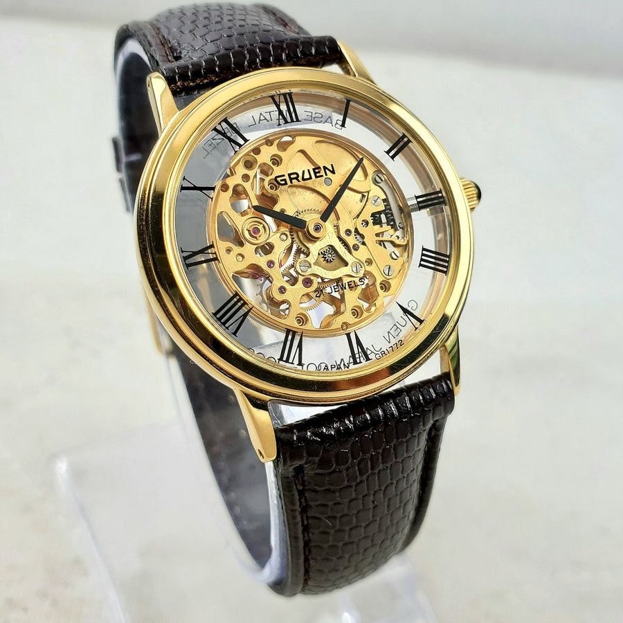 Gruen Skeleton Japan GR1772 Mechanical Handwind Roman 33MM Men's Watch — Pre-Owned