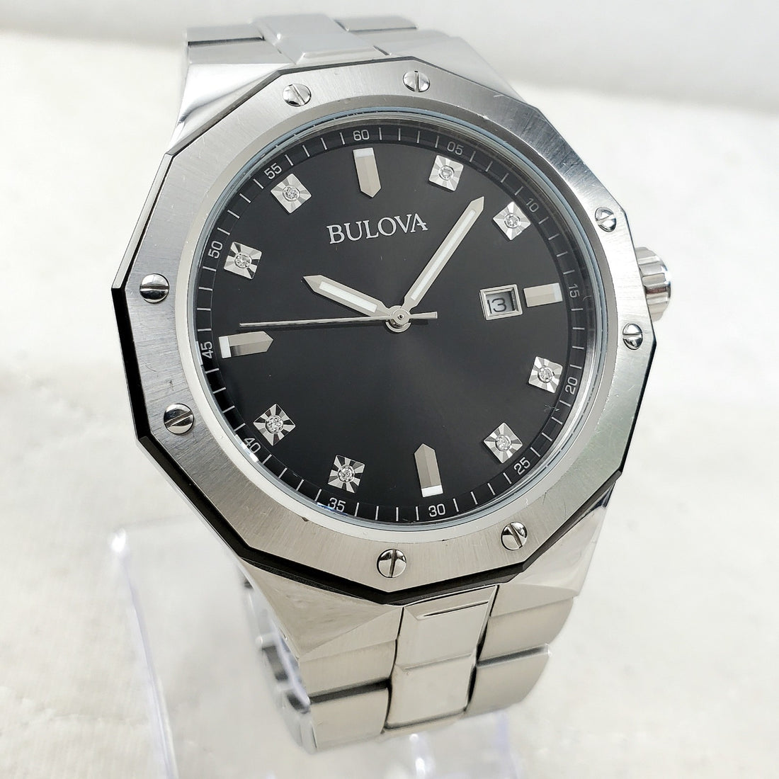 Bulova 98D103 Black/silver Dodecagon Quartz Diamond Date 44MM Men's Watch — Pre-Owned