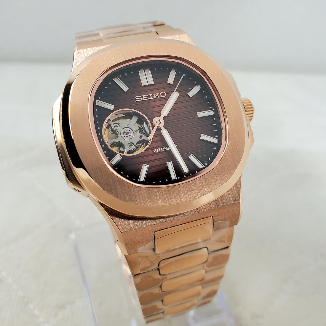 CUSTOM SEIKO MOD OPEN HEART BROWN/BRONZE AUTOMATIC NH38 MOVEMENT MEN'S WATCH