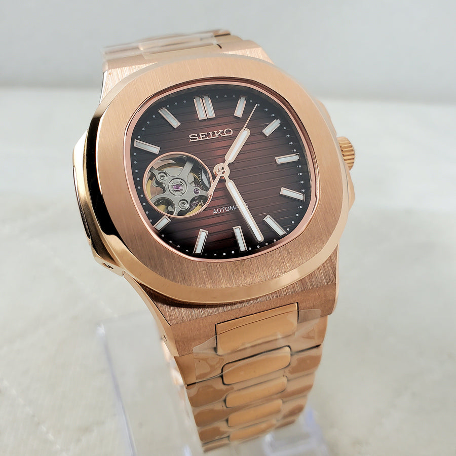 CUSTOM SEIKO MOD OPEN HEART BROWN/BRONZE AUTOMATIC NH38 MOVEMENT MEN'S WATCH