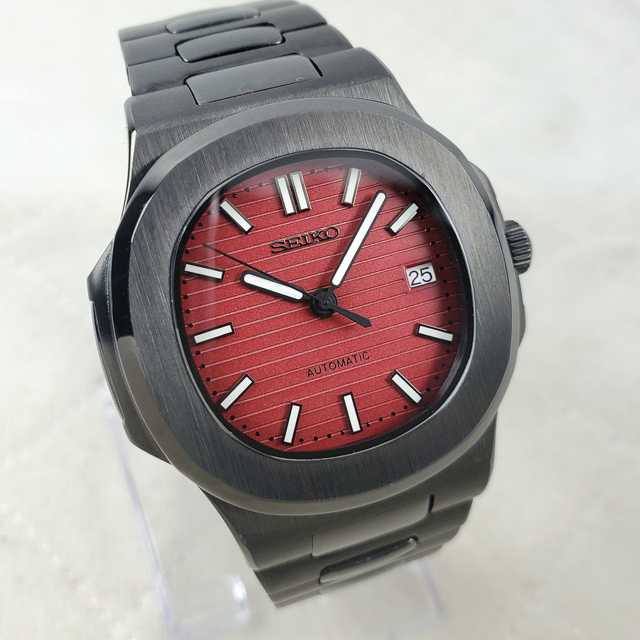 CUSTOM SEIKO MOD ROUGE RED/BLACK AUTOMATIC DATE NH35 MOVEMENT MEN'S WATCH