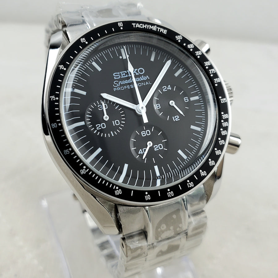 CUSTOM SEIKO MOD BLACK PROFESSIONAL CHRONOGRAPH QUARTZ VK63 MOVEMENT MEN'S WATCH