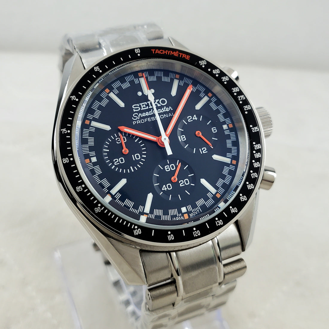 CUSTOM SEIKO MOD BLACK/ORANGE TEXTURED PROFESSIONAL CHRONOGRAPH QUARTZ VK63 MOVEMENT MEN'S WATCH
