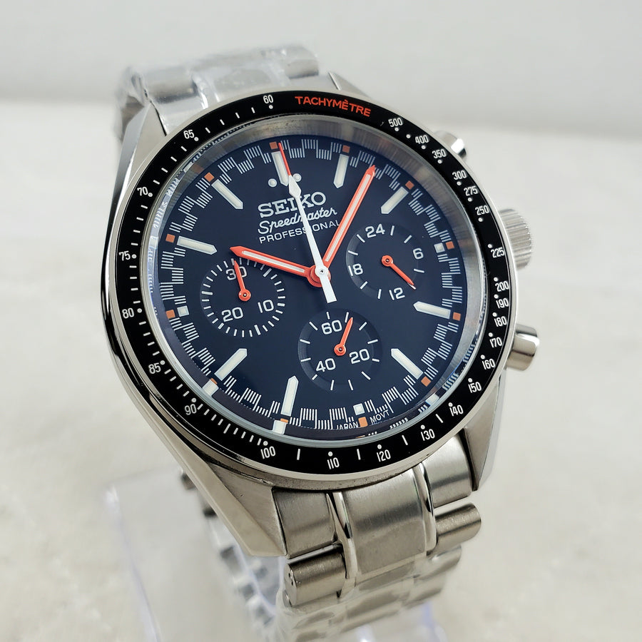 CUSTOM SEIKO MOD BLACK/ORANGE TEXTURED PROFESSIONAL CHRONOGRAPH QUARTZ VK63 MOVEMENT MEN'S WATCH
