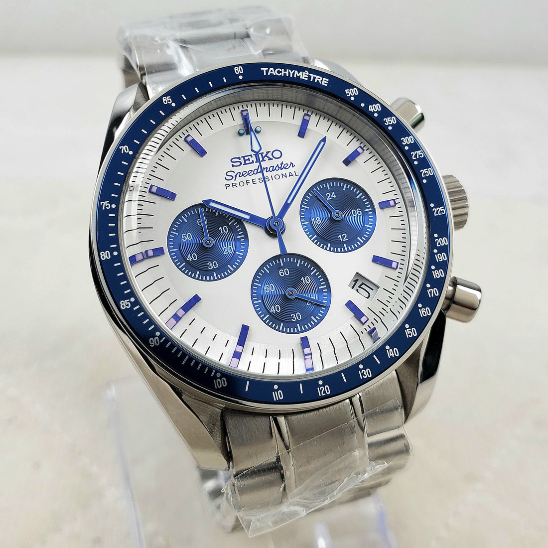 CUSTOM SEIKO MOD WHITE/BLUE PROFESSIONAL CHRONOGRAPH QUARTZ VK63 MOVEMENT MEN'S WATCH