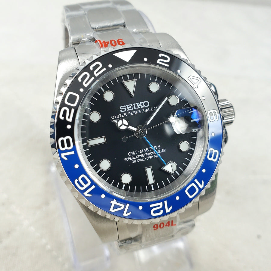 CUSTOM SEIKO MOD BATMAN GMT BLACK/SILVER DATE AUTOMATIC NH34 MOVEMENT MEN'S WATCH