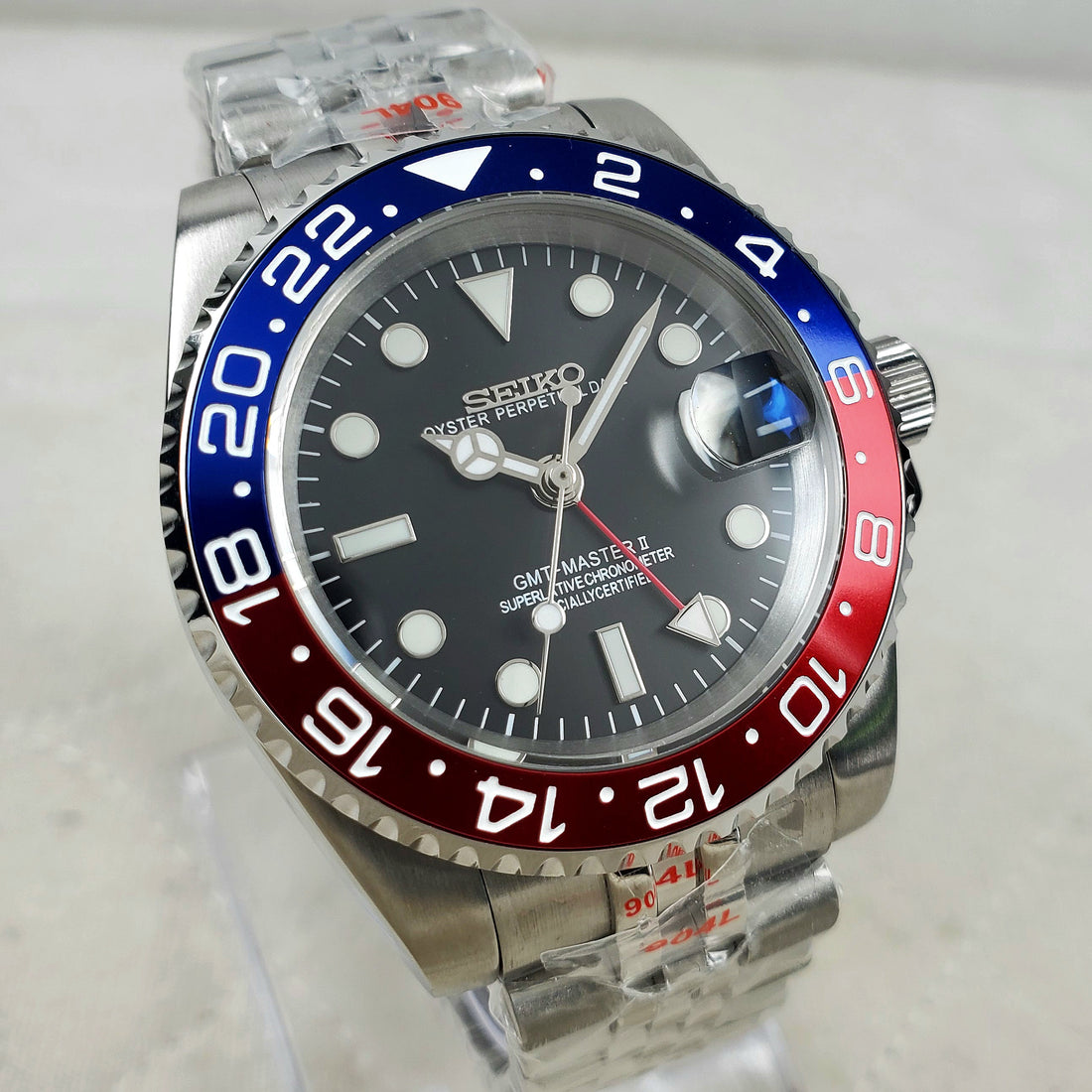 CUSTOM SEIKO MOD PEPSI GMT BLACK/SILVER DATE AUTOMATIC NH34 MOVEMENT MEN'S WATCH