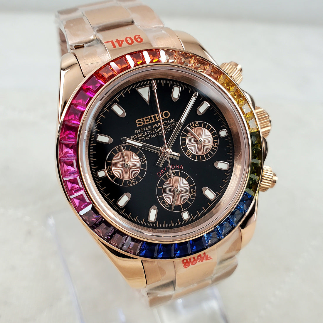 CUSTOM SEIKO MOD DIAMOND RAINBOW ROSE GOLD CHRONOGRAPH QUARTZ VK63 MOVEMENT MEN'S WATCH