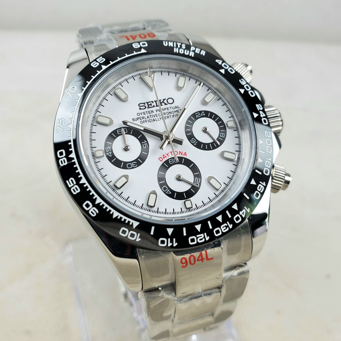 CUSTOM SEIKO MOD PANDA WHITE PROFESSIONAL CHRONOGRAPH QUARTZ VK63 MOVEMENT MEN'S WATCH