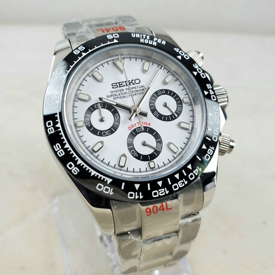 CUSTOM SEIKO MOD PANDA WHITE PROFESSIONAL CHRONOGRAPH QUARTZ VK63 MOVEMENT MEN'S WATCH