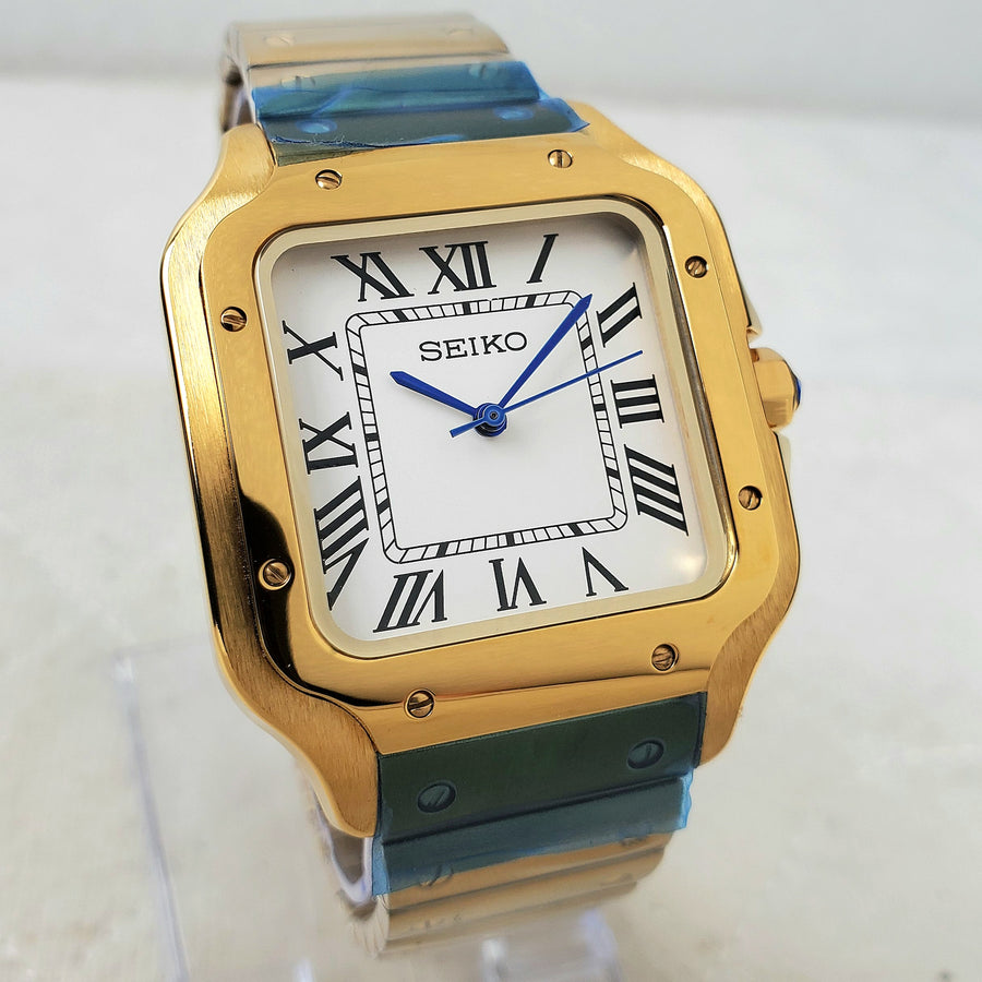 CUSTOM SEIKO MOD SQUARE GOLD/WHITE ELEGANT AUTOMATIC NH35 MOVEMENT MEN'S WATCH
