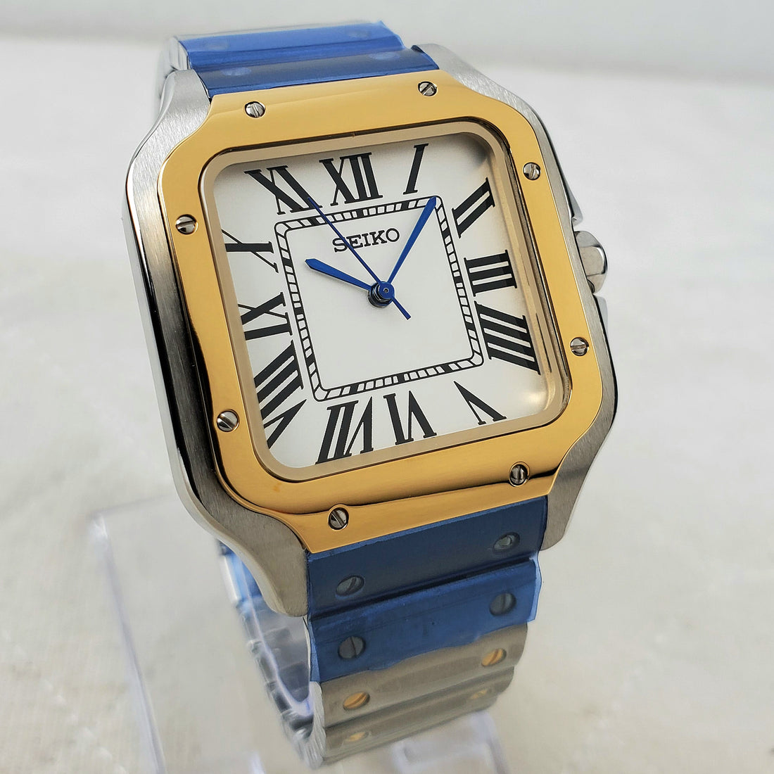CUSTOM SEIKO MOD SQUARE WHITE/TWO-TONE ELEGANT AUTOMATIC NH35 MOVEMENT MEN'S WATCH