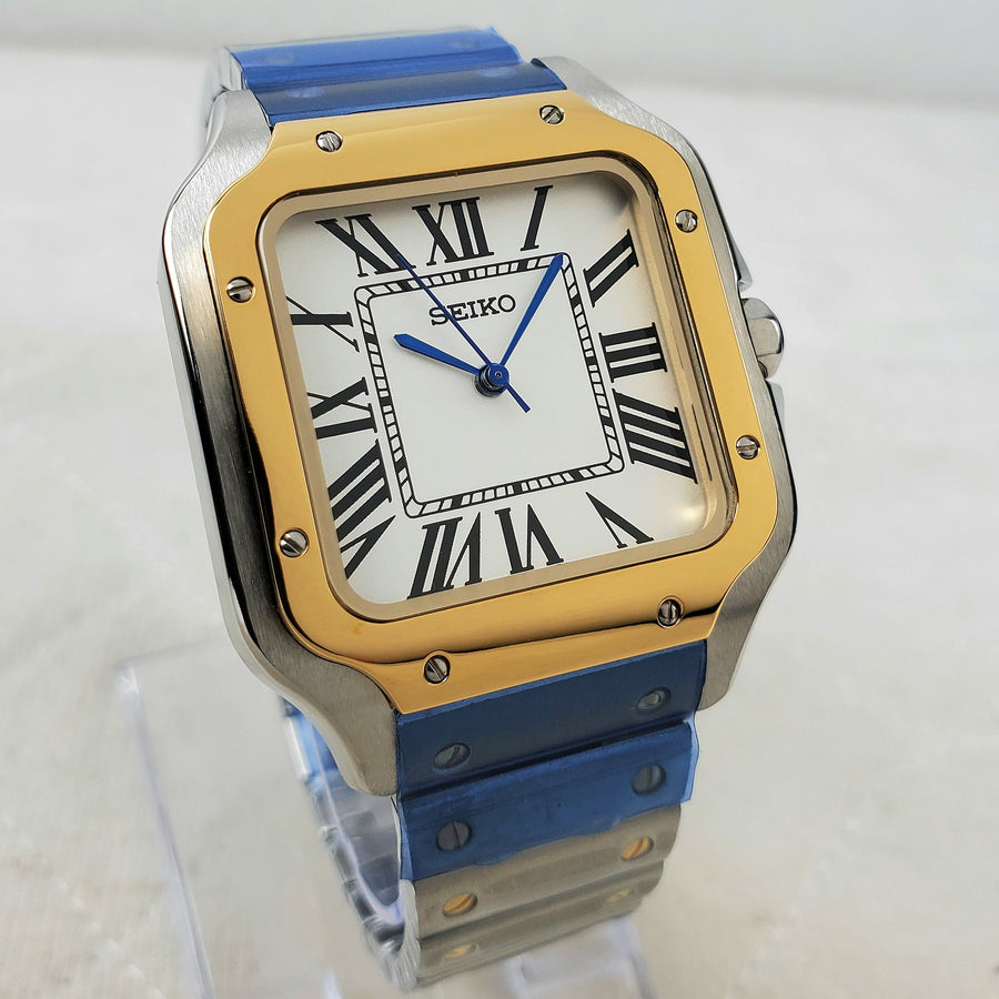 CUSTOM SEIKO MOD SQUARE WHITE/TWO-TONE ELEGANT AUTOMATIC NH35 MOVEMENT MEN'S WATCH