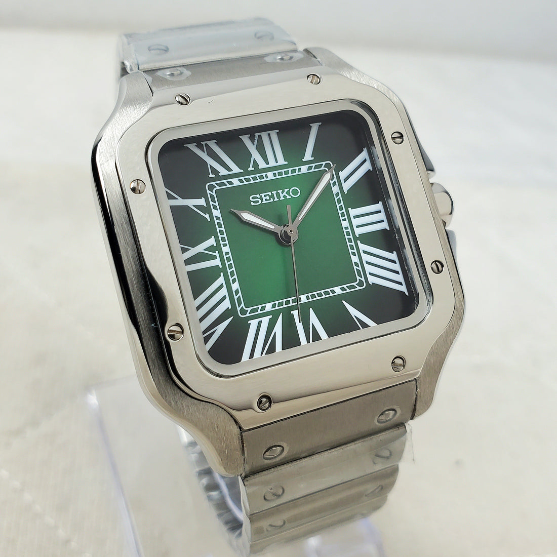 CUSTOM SEIKO MOD SQUARE GREEN/SILVER ROMAN ELEGANT AUTOMATIC NH35 MOVEMENT MEN'S WATCH