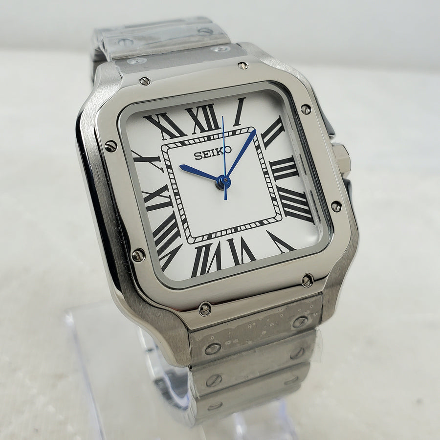 CUSTOM SEIKO MOD SQUARE SILVER/WHITE ELEGANT AUTOMATIC NH35 MOVEMENT MEN'S WATCH