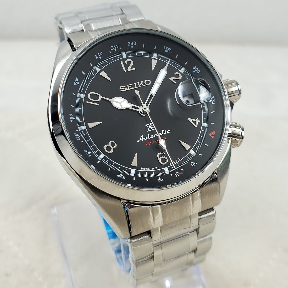 CUSTOM SEIKO MOD ALPINIST BLACK COMPASS EXHIBITION NH35 AUTOMATIC MEN'S WATCH