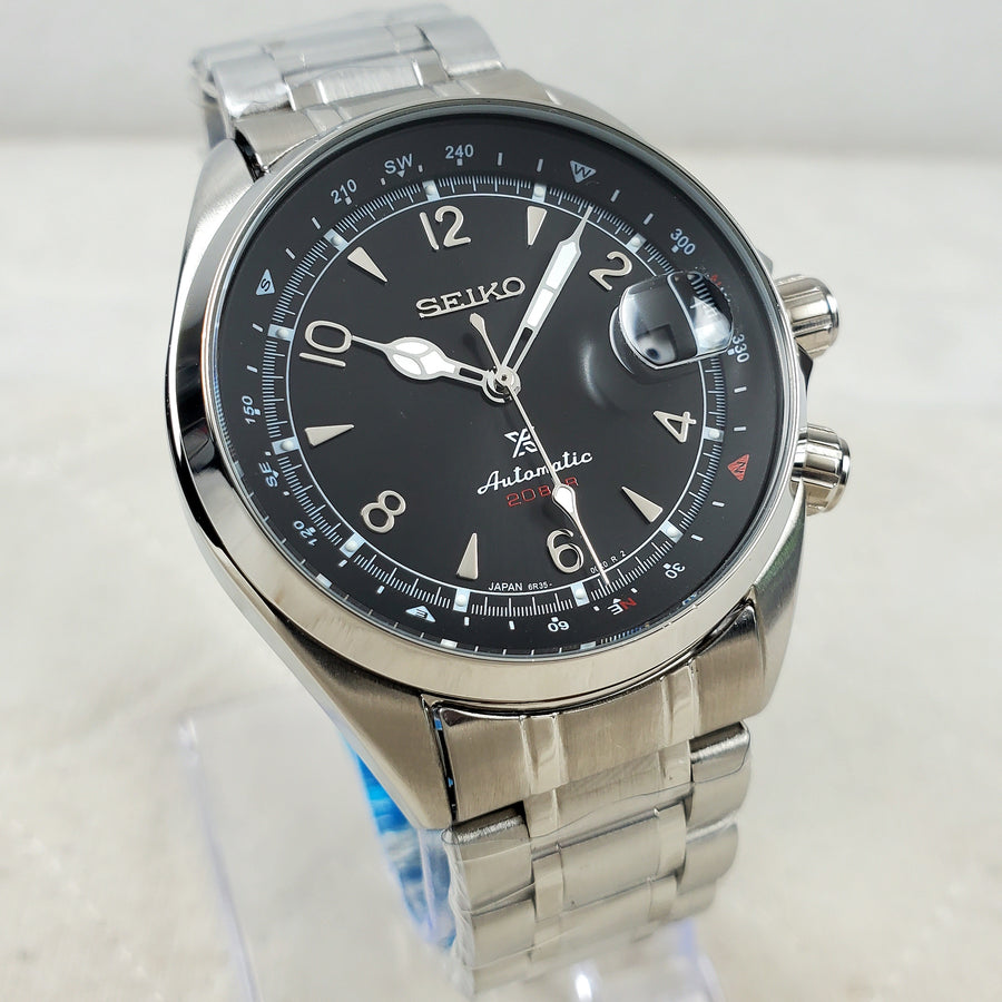 CUSTOM SEIKO MOD ALPINIST BLACK COMPASS EXHIBITION NH35 AUTOMATIC MEN'S WATCH