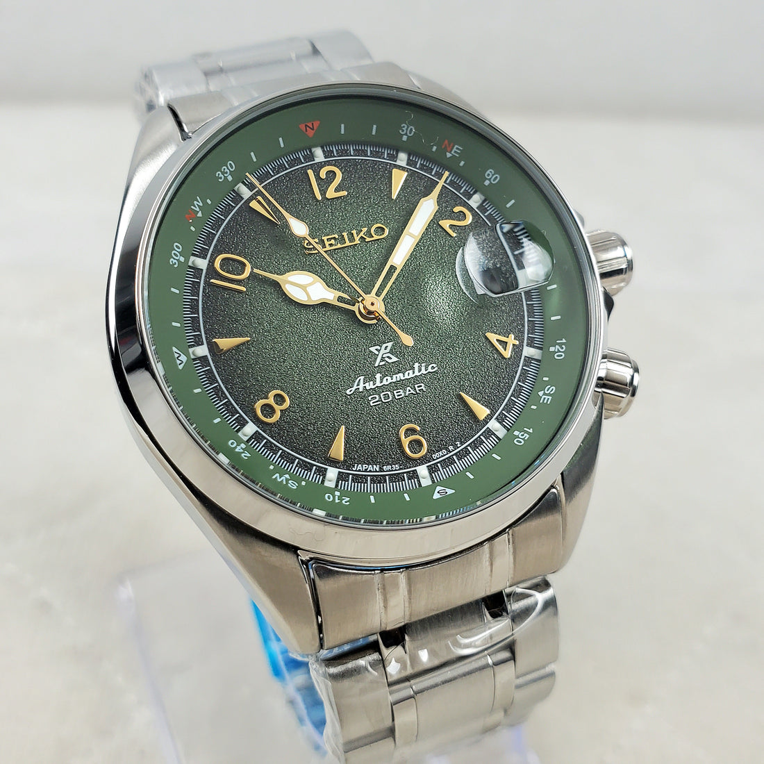 CUSTOM SEIKO MOD ALPINIST GREEN COMPASS EXHIBITION NH35 AUTOMATIC MEN'S WATCH