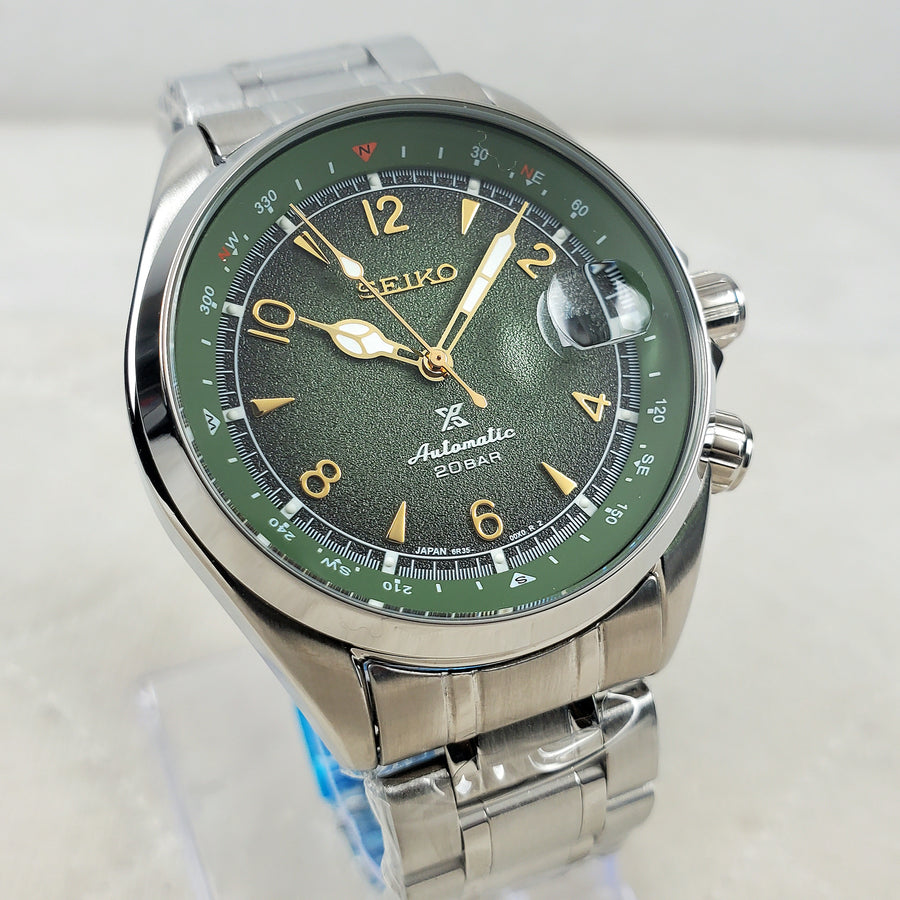 CUSTOM SEIKO MOD ALPINIST GREEN COMPASS EXHIBITION NH35 AUTOMATIC MEN'S WATCH