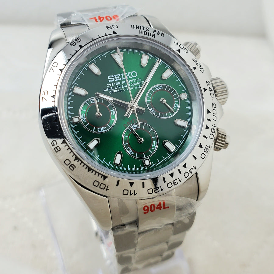 CUSTOM SEIKO MOD GREEN/SILVER PROFESSIONAL CHRONOGRAPH QUARTZ VK63 MOVEMENT MEN'S WATCH