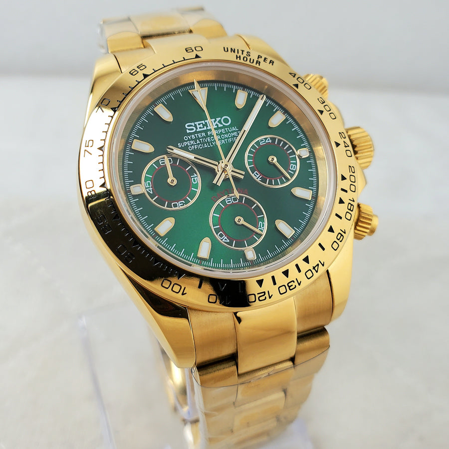 CUSTOM SEIKO MOD JOHN MAYER GOLD/GREEN CHRONOGRAPH QUARTZ VK63 MOVEMENT MEN'S WATCH