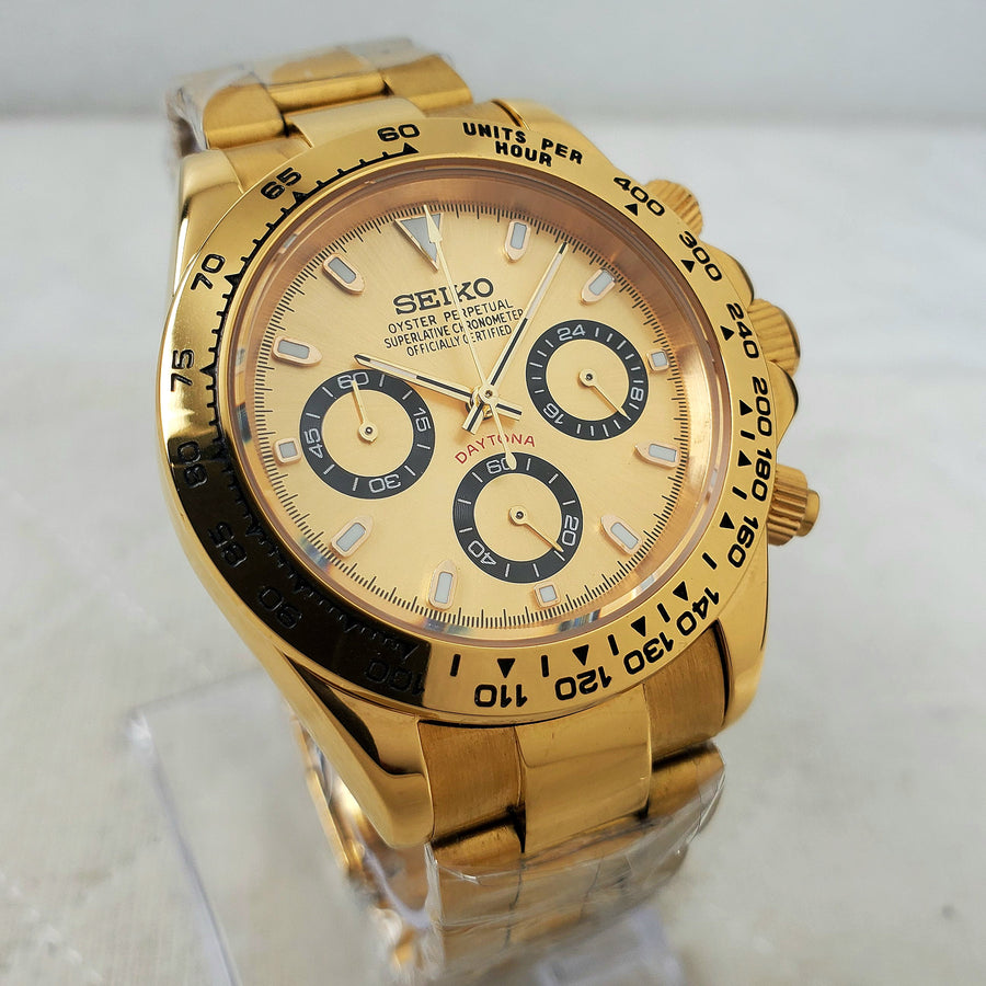 CUSTOM SEIKO MOD TOTAL GOLD VK63 CHRONOGRAPH QUARTZ MOVEMENT TACHYMETER MEN'S WATCH