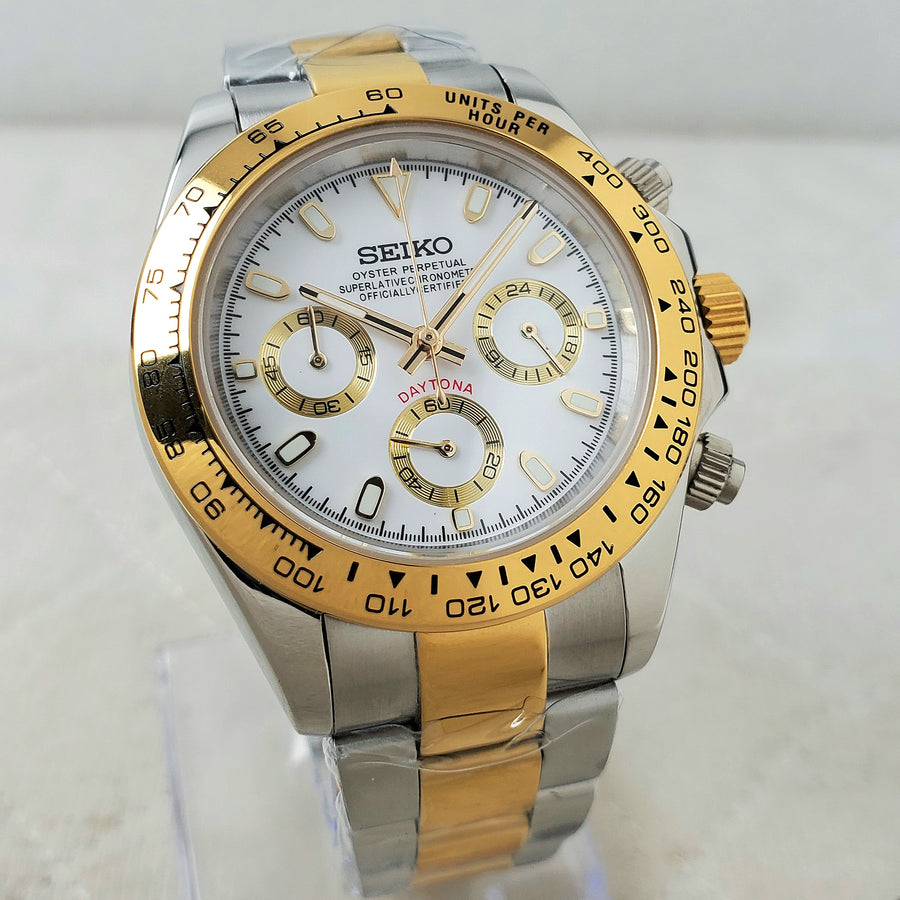 CUSTOM SEIKO MOD TWO-TONE/WHITE PROFESSIONAL CHRONOGRAPH QUARTZ VK63 MOVEMENT MEN'S WATCH