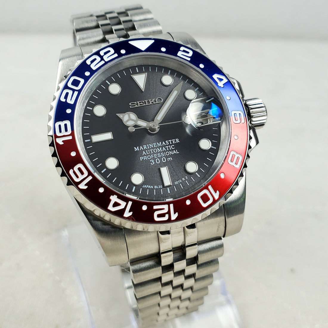 CUSTOM SEIKO MOD PEPSI AUTOMATIC NH35 MOVEMENT DATE EXHIBITION MEN'S WATCH