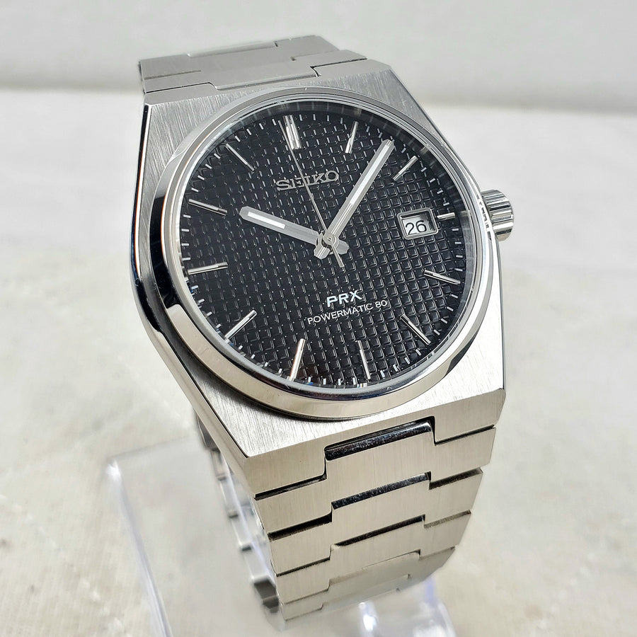 CUSTOM SEIKO MOD PRX BLACK/SILVER TEXTURED AUTOMATIC NH35 MOVEMENT MEN'S WATCH