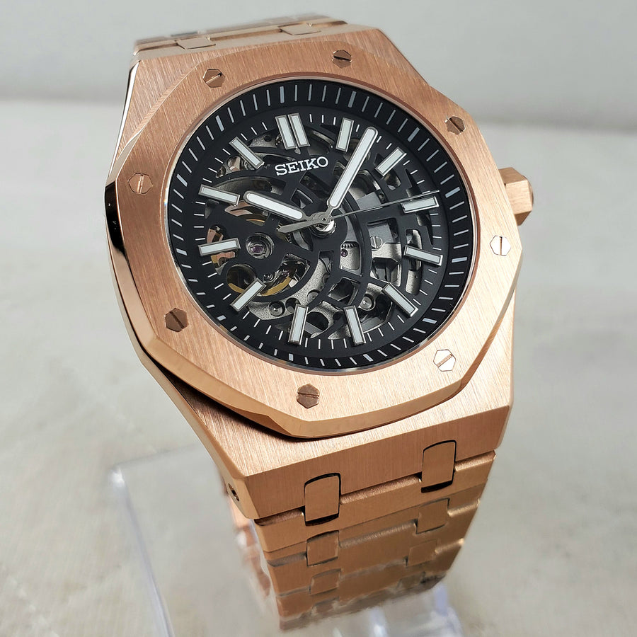 CUSTOM SEIKO MOD ROYAL OAK SKELETON ROSE GOLD AUTOMATIC NH70 MOVEMENT MEN'S WATCH