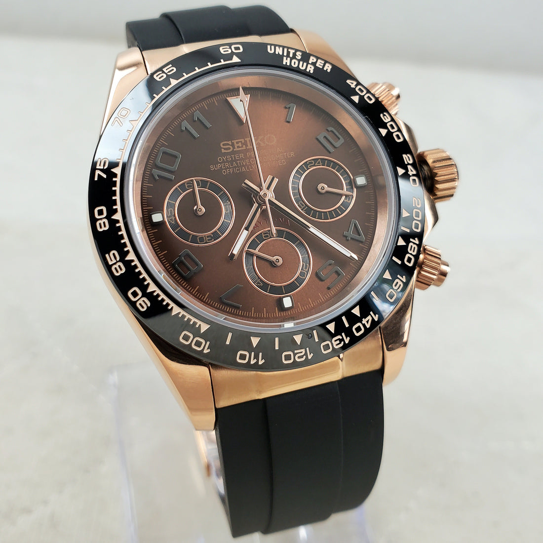 CUSTOM SEIKO MOD QUADRANTE CHOCOLATE/ROSE GOLD/BLACK CHRONOGRAPH QUARTZ VK63 MOVEMENT MEN'S WATCH